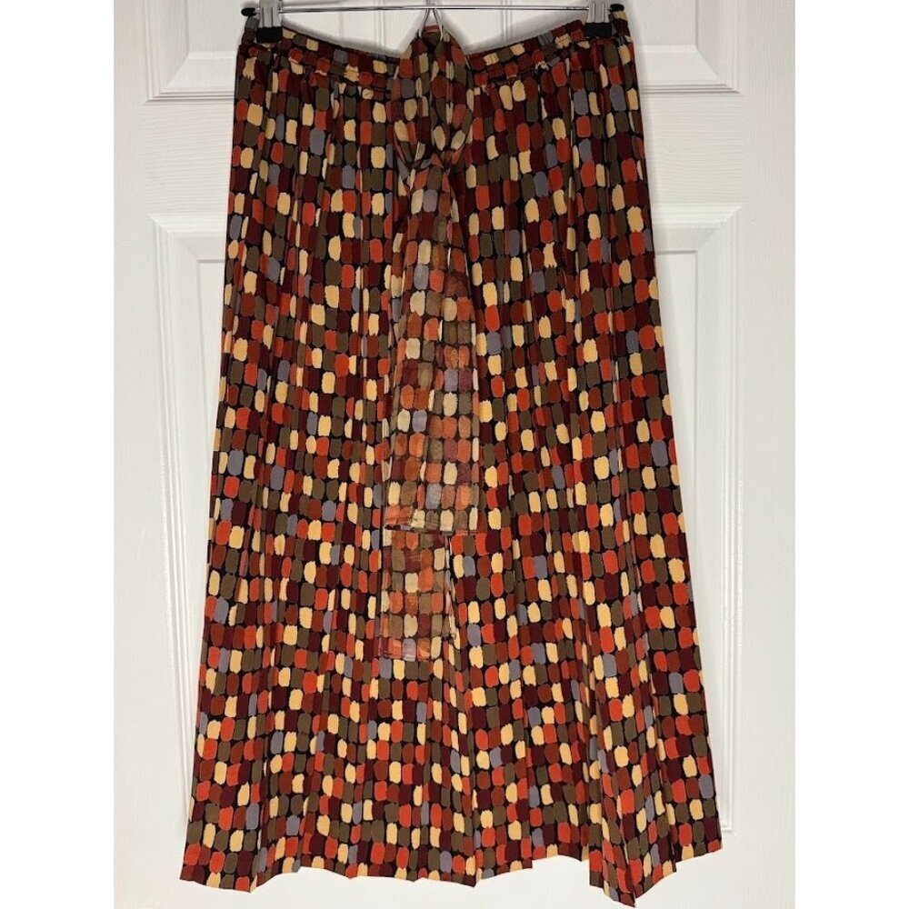 Vtg Koret Women Size 6 Pleated Midi Skirt Brown Multicolor Geometric Boho Hippie